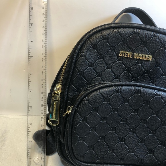 Steve Madden Backpack Purse Bag Black Gold Logo BBlogo Print seatbelt straps - Picture 3 of 15